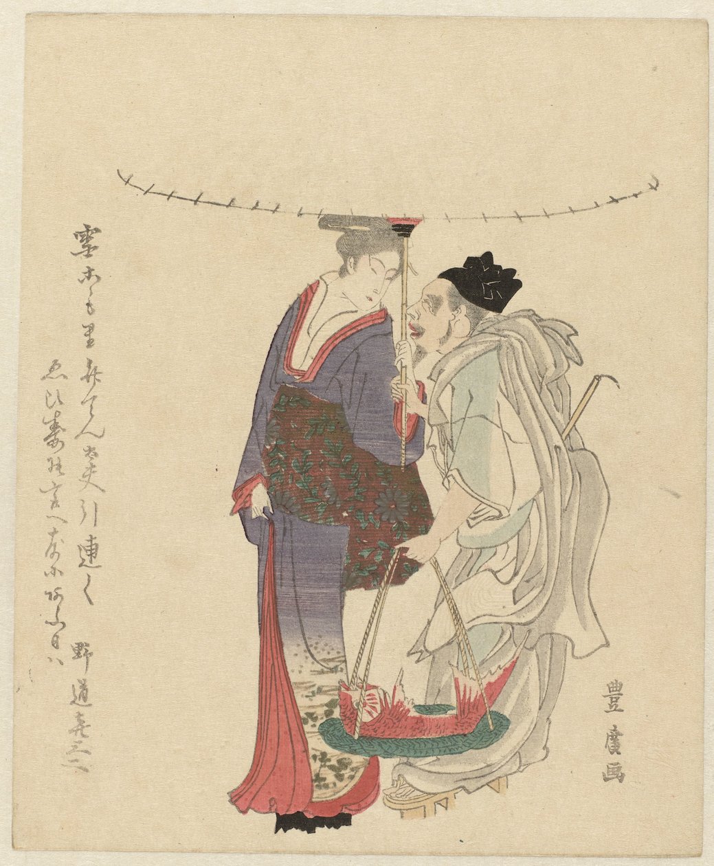O deus sortudo Ebisu com uma mulher de Utagawa Toyohiro