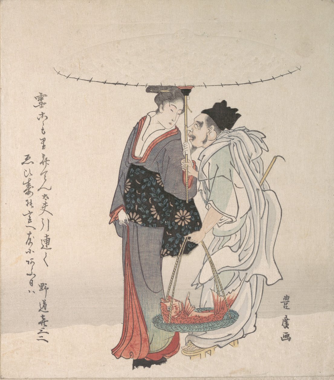 Ebisu e Benten caminhando na neve. de Utagawa Toyohiro