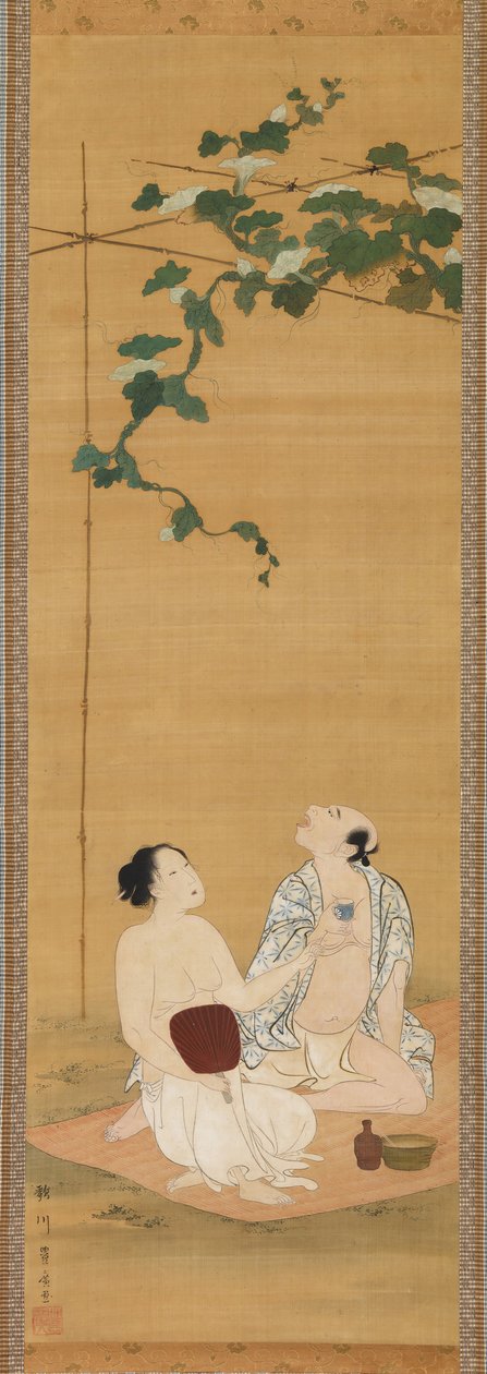 Apreciando o frescor da noite sob uma treliça de cabaça, início do século XIX. de Utagawa Toyohiro