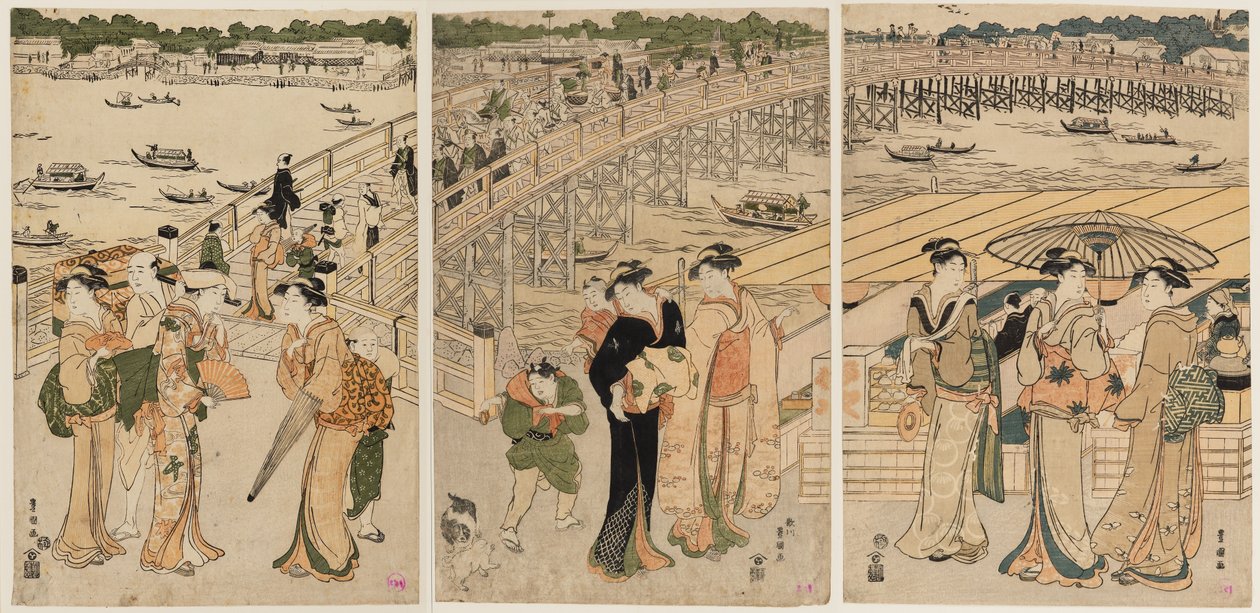 Ryōgoku ponte com figuras em primeiro plano de Utagawa Toyohiro