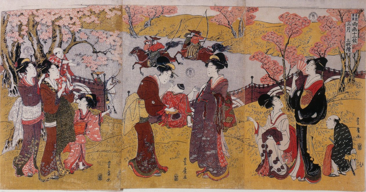 O Terceiro Mês, Tríptico da série Doze Meses de Dois Artistas, 1801 de Utagawa Toyohiro