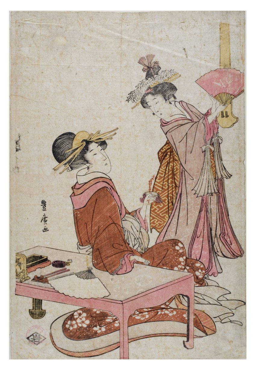 Duas figuras femininas com fãs de Utagawa Toyohiro