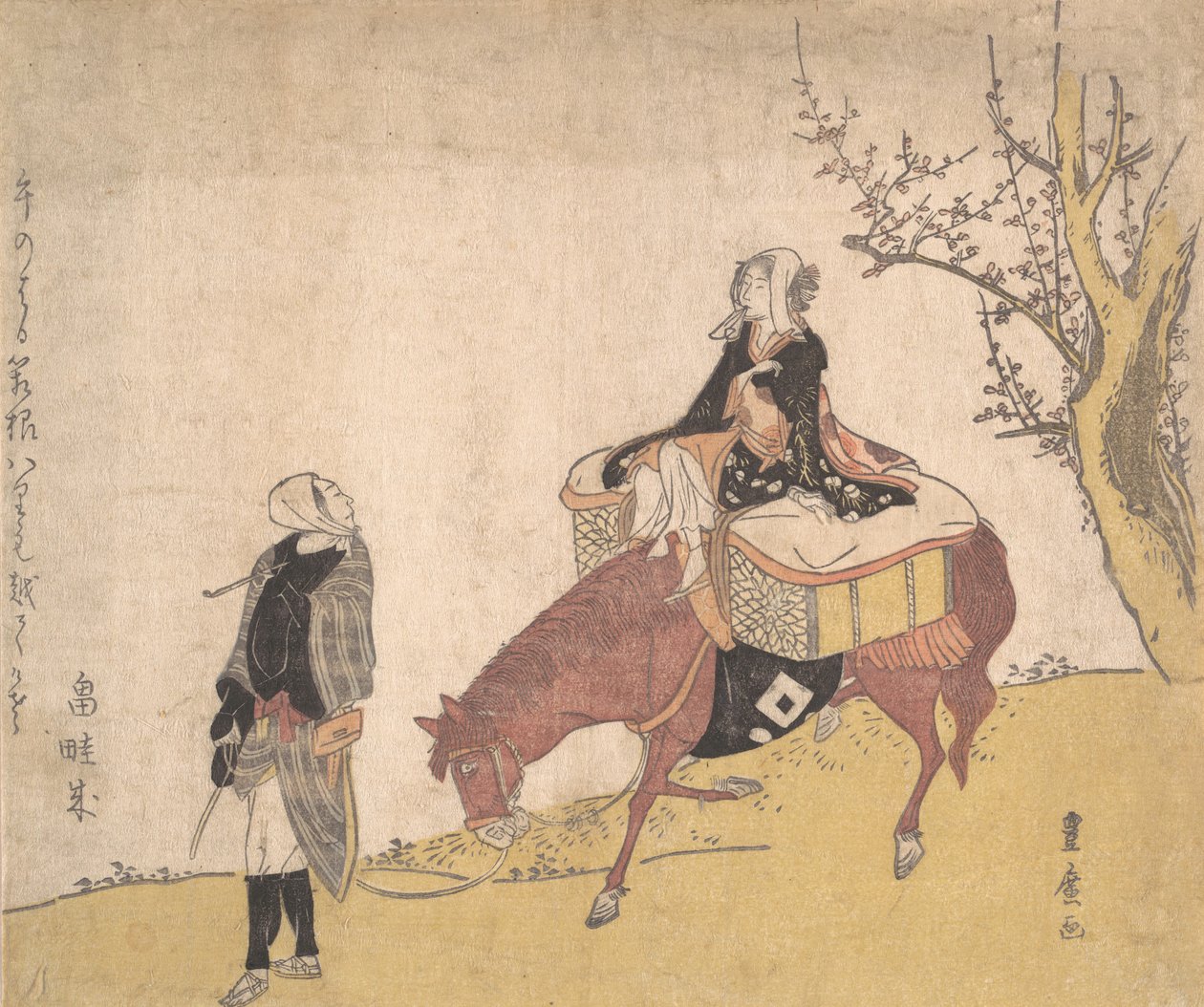 Versão de Legend of Michizane: mulher andando a cavalo que um homem está conduzindo. de Utagawa Toyohiro