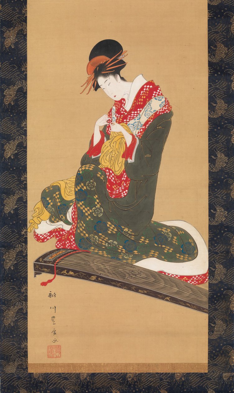 Mulher colocando palhetas de dedo para tocar o Koto, início do século 19. de Utagawa Toyohiro