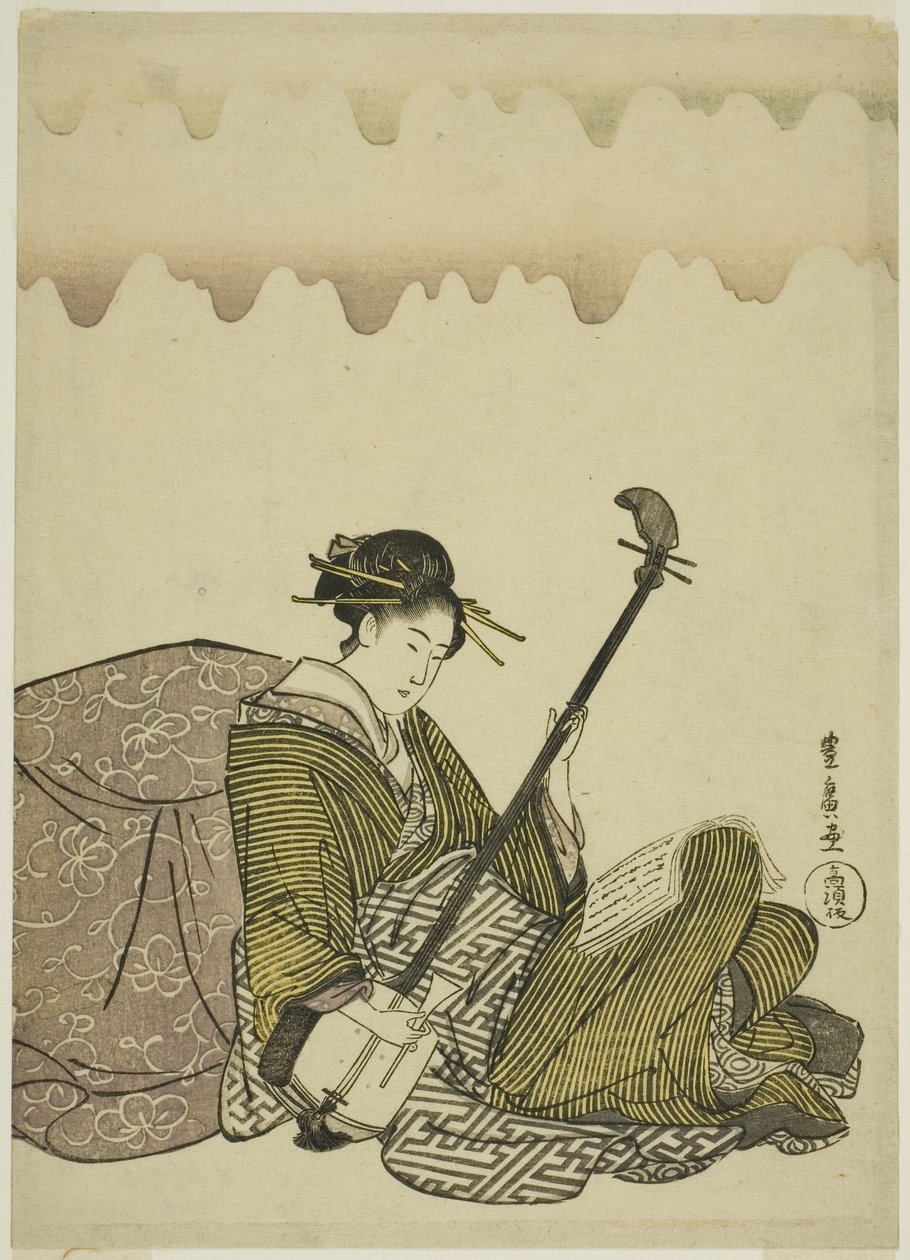 Mulher jogando shamisen, de uma série sem título de mulheres no lazer de Utagawa Toyohiro