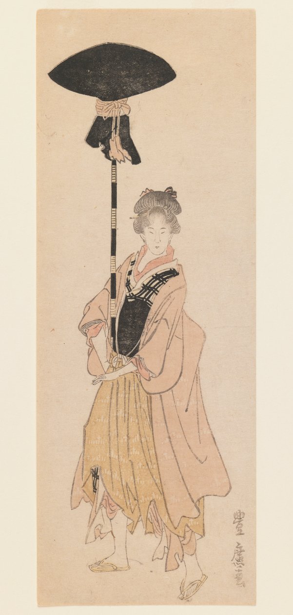 Jovem Mulher Carrega Pólo Adornado para uma Procissão, c.1805-6 (estampa de blocos de madeira, estampa estreita de koban tate-e surimono-estilo) de Utagawa Toyohiro