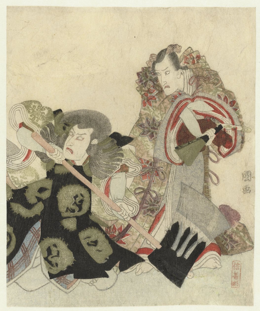 Ichikawa Danjûrô VII como Yoshimune no Munesada com fã e Ichikawa Omezô no papel de Sekibei com machado de Utagawa Toyokuni (I)
