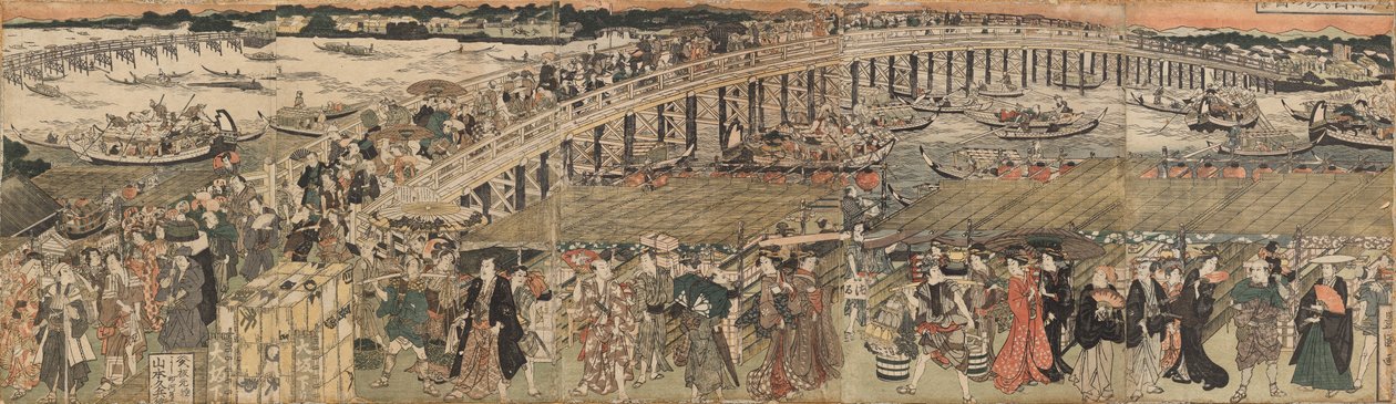 Refrescando-se na Ponte Ryōgoku em Edo, um Pentáptico de Utagawa Toyokuni