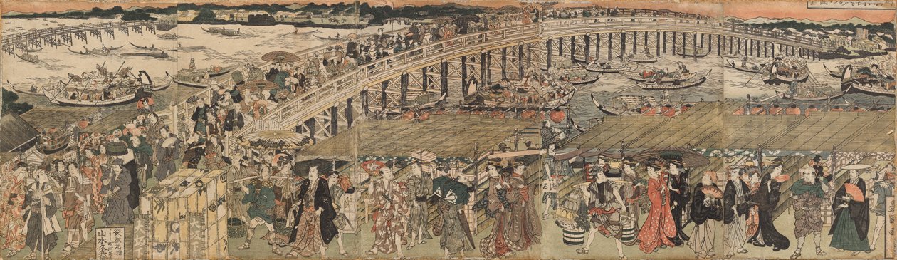 Refrescando-se na Ponte Ryōgoku em Edo, um Pentáptico de Utagawa Toyokuni