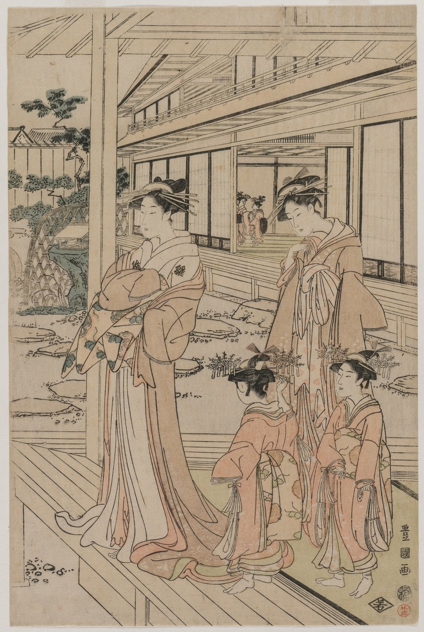 Courtesan De pé em uma varanda, início dos anos 1790. de Utagawa Toyokuni