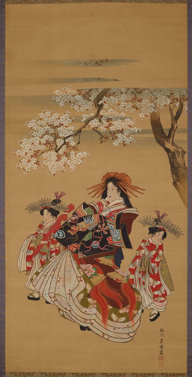 Cortesã com duas kamuro sob cerejeiras em flor de Utagawa Toyokuni