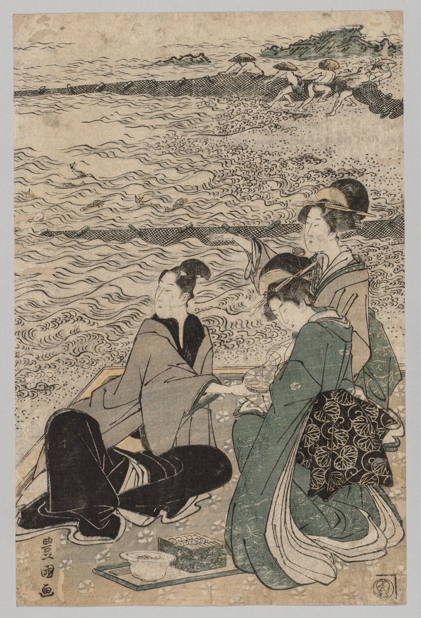 Homem e duas mulheres na costa do mar, 1769-1825. de Utagawa Toyokuni
