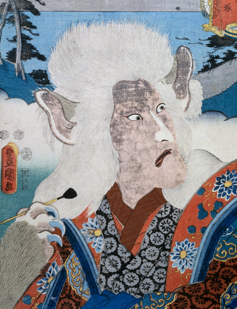 Retrato do ator de teatro Kabuki Morita Karya usando máscara zoomórfica, impressão da arte ukiyo-e de Utagawa Toyokuni (1769-1825), xilogravura, civilização japonesa, período Edo de Utagawa Toyokuni
