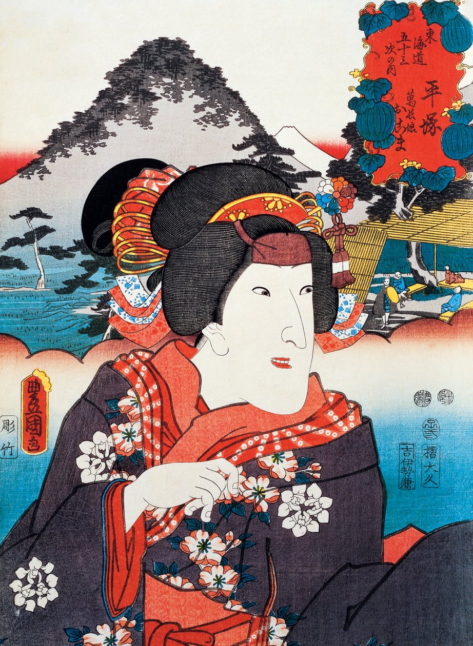 Retrato da atriz de teatro Kabuki, impressão da arte ukiyo-e de Utagawa Toyokuni (1769-1825), xilogravura, civilização japonesa, período Edo de Utagawa Toyokuni