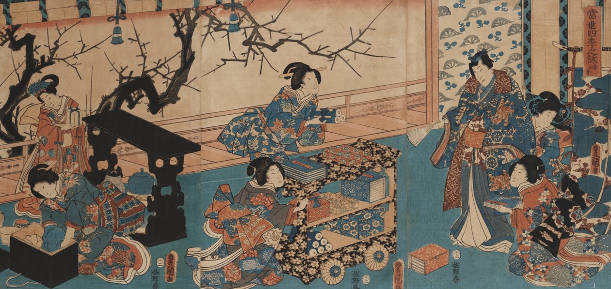 Preparando-se para a Leitura de Poesia da Primavera (bloco de madeira montado na placa) de Utagawa Toyokuni