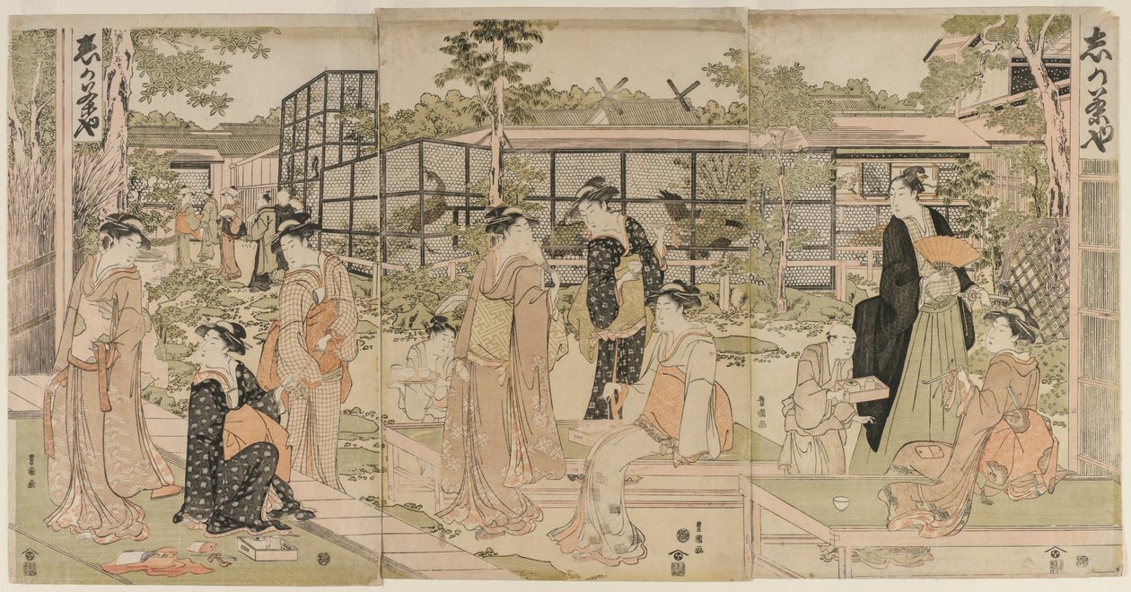 Visitantes da Casa de Chá Shika, início dos anos 1790. de Utagawa Toyokuni