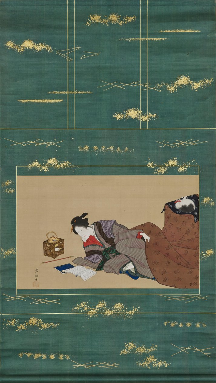 Mulher a aquecer-se com um «kotatsu» de Utagawa Toyokuni