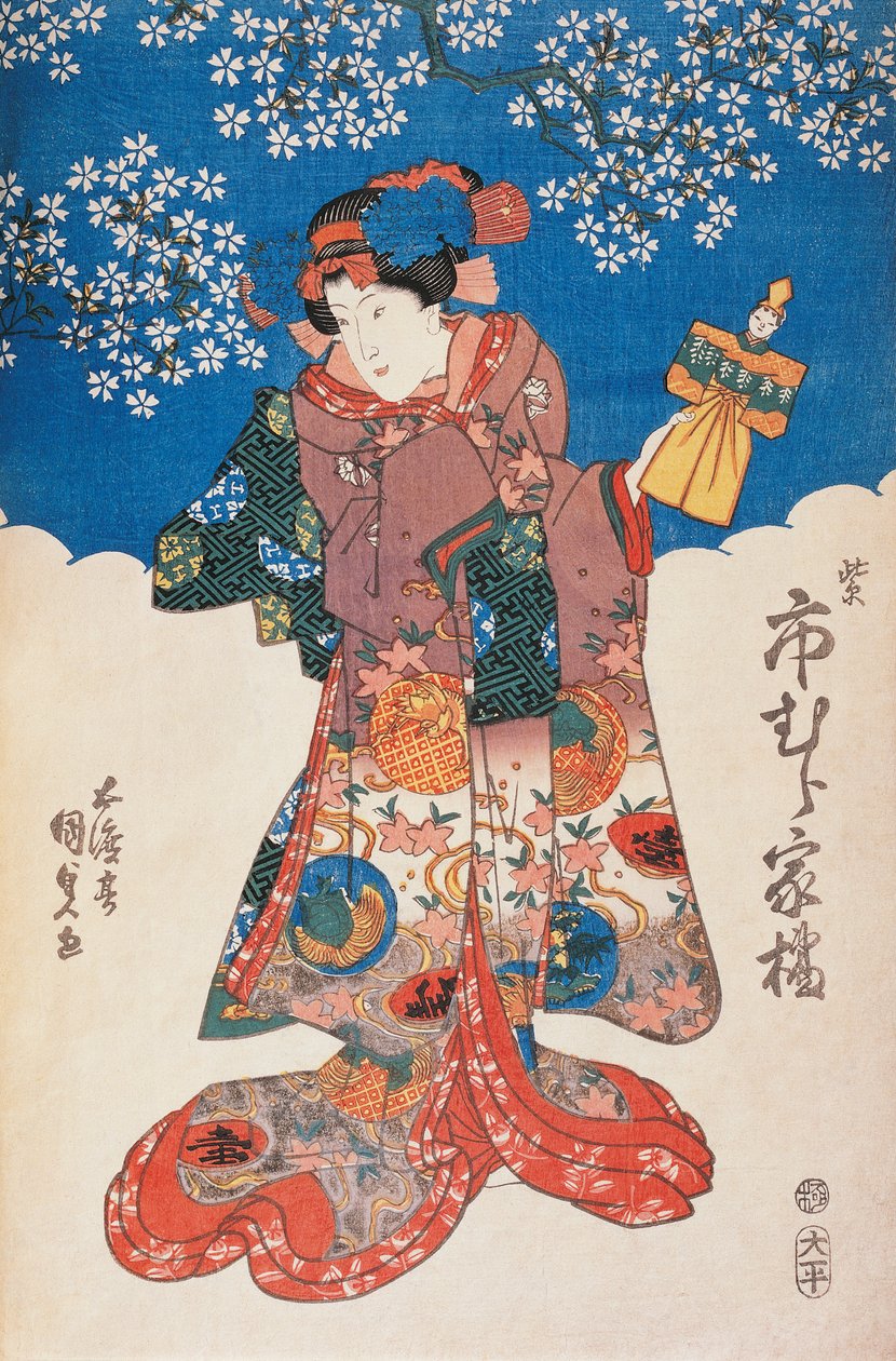Mulher em quimono com boneco e fundo decorado com flores de maçã, de Utagawa Toyokuni, xilogravura de Utagawa Toyokuni