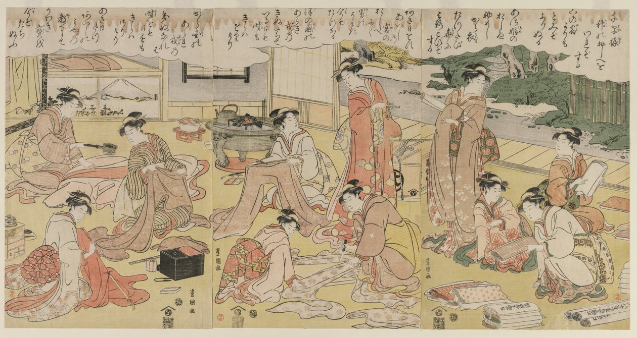 Mulheres fazendo roupas de Utagawa Toyokuni