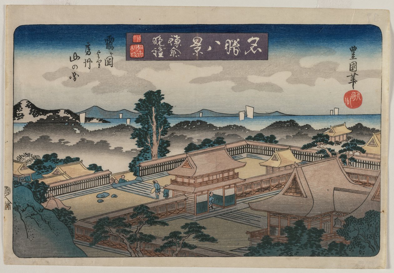 Oito Vistas de Lugares Famosos: Sino da Noite em Kamakura: As Montanhas na Província de Awa..., início de 1830 de Utagawa Toyokuni II