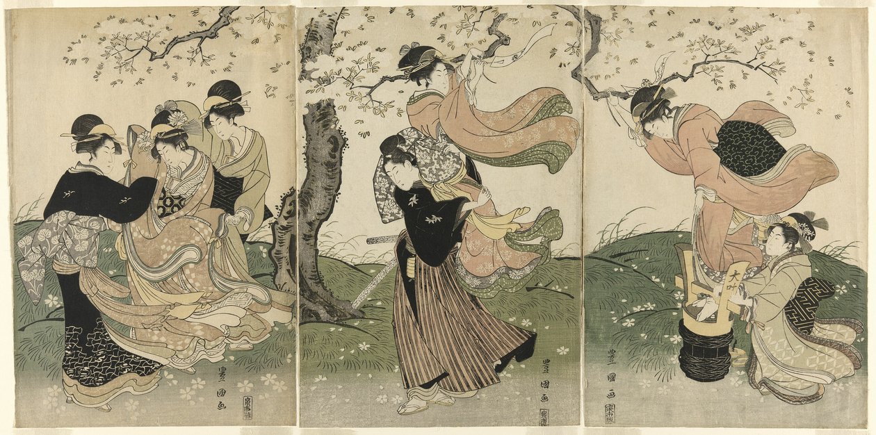 Um dia ventoso sob as cerejeiras de Utagawa Toyokuni I