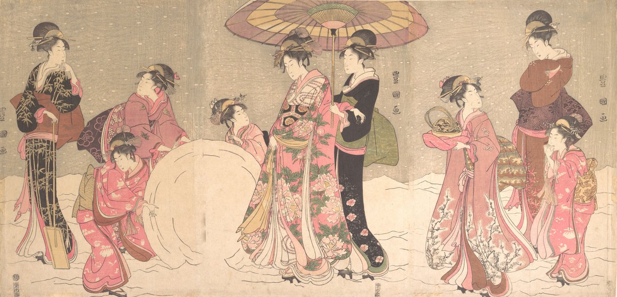 Cortesãs e atendentes fazendo uma bola de neve gigante, ca. 1796. de Utagawa Toyokuni I