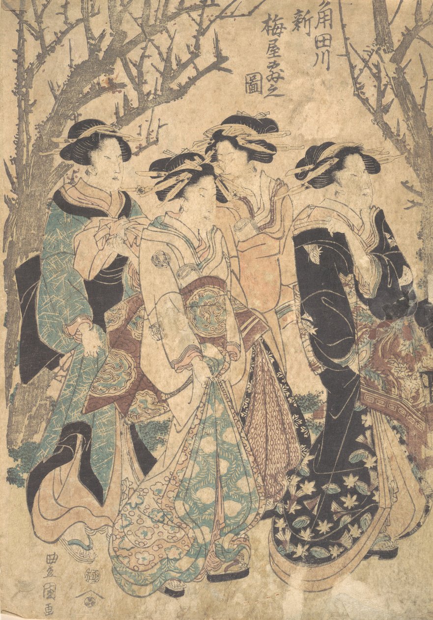 Quatro mulheres passando por um grupo de árvores. de Utagawa Toyokuni I