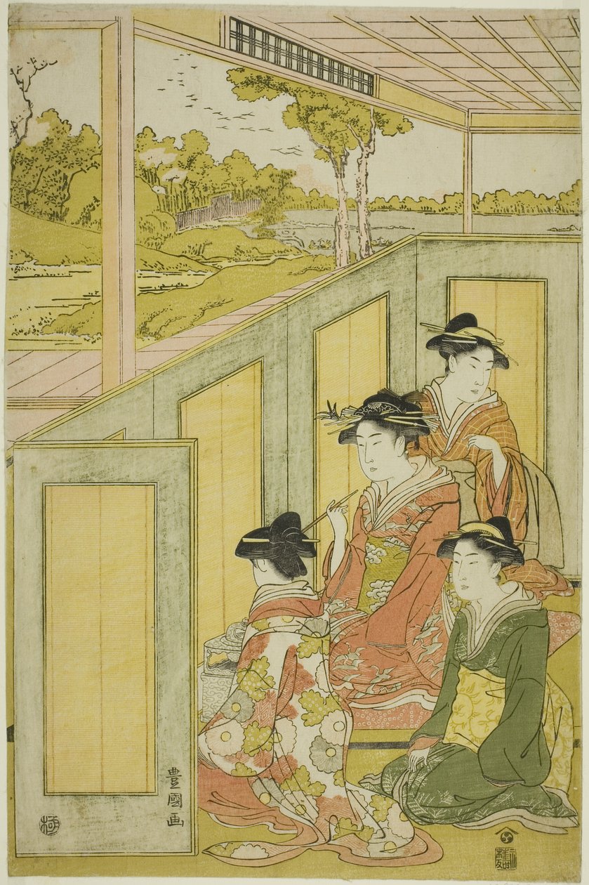 Senhoras por detrás do biombo na mansão de um daimyo de Utagawa Toyokuni I