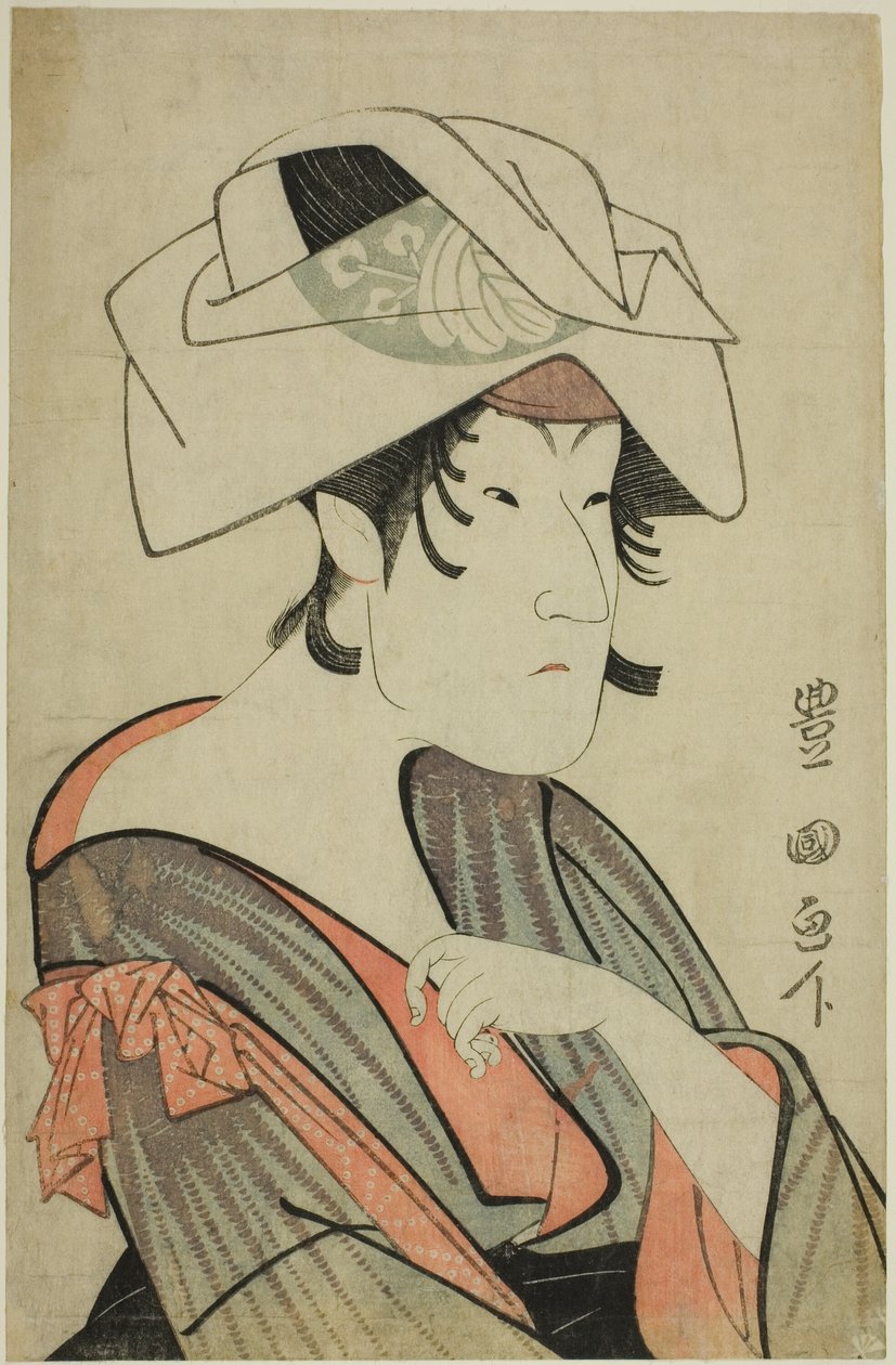 Nakayama Tomisaburo. Vestida como uma mulher com uma toalha na cabeça de Utagawa Toyokuni I