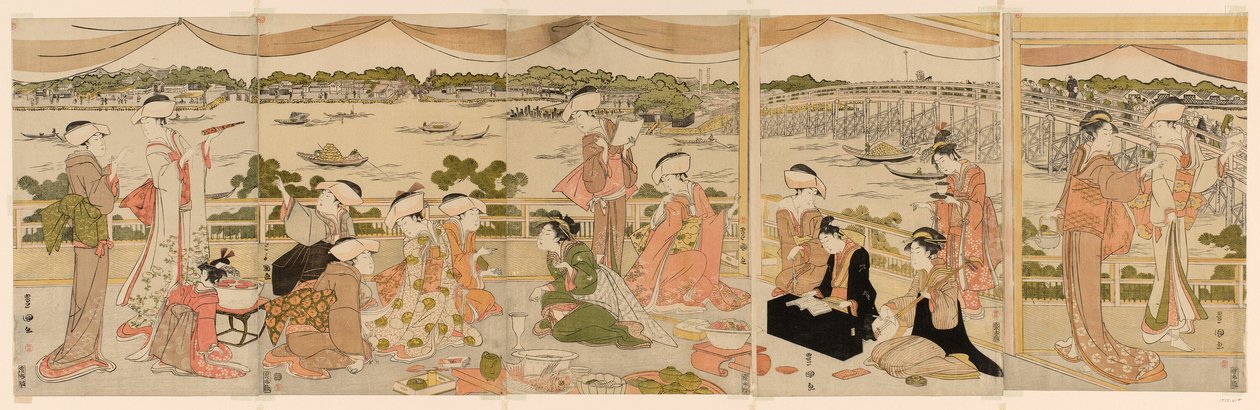 Recital em uma varanda com vista para o Rio Sumida de Utagawa Toyokuni I