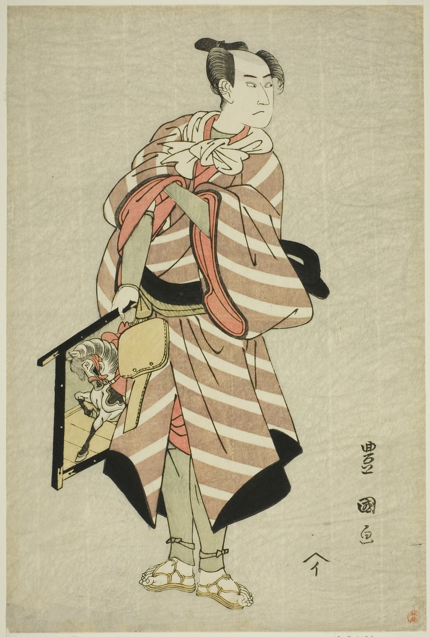 O ator Sawamura Sojuro III como o cavalo de carga Muchizo na peça "Miyamairi Musubi no Kamigaki", apresentada no Teatro Kiri no décimo primeiro mês de 1797 de Utagawa Toyokuni I