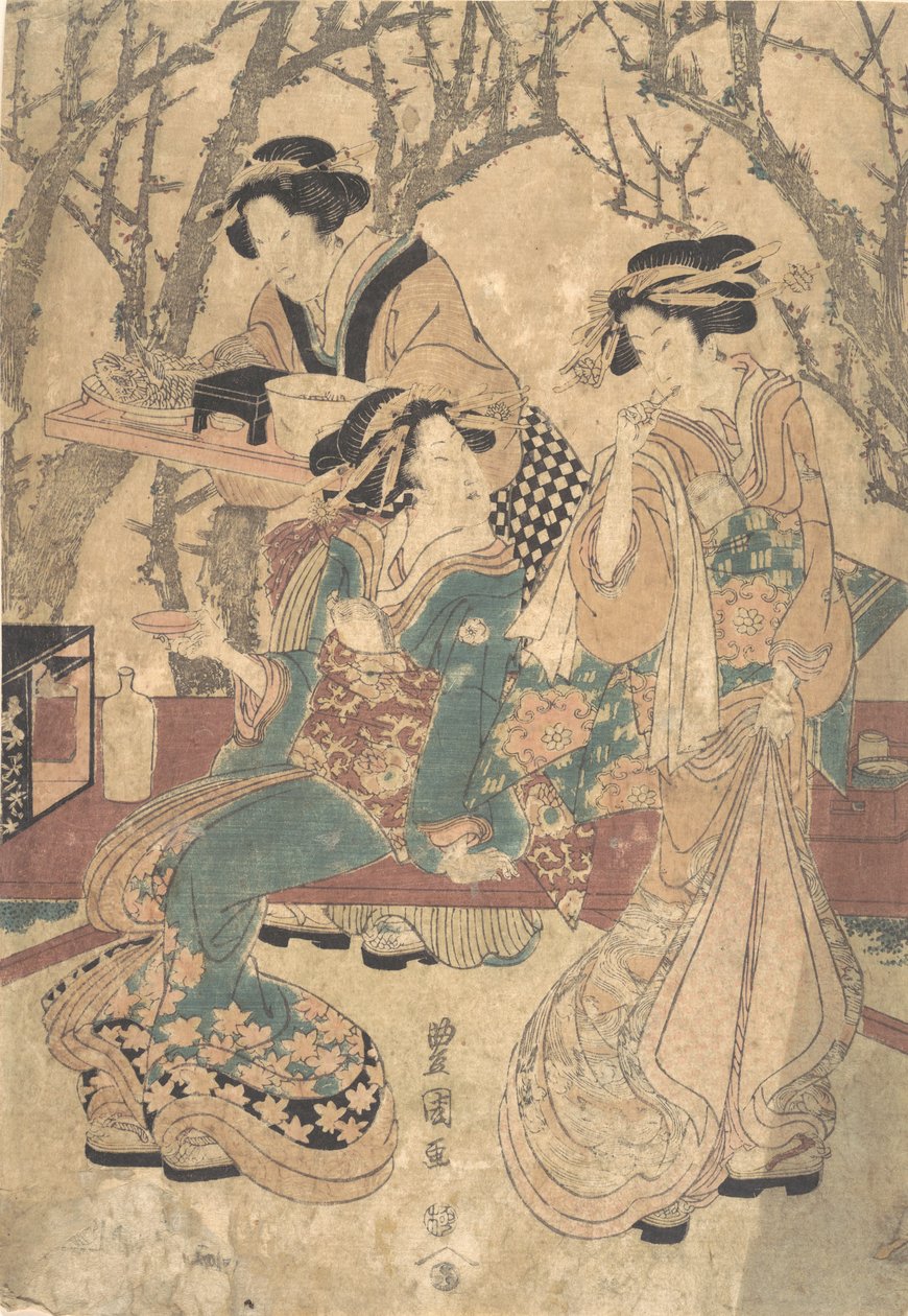 Três mulheres jantando diante de um grupo de árvores. de Utagawa Toyokuni I