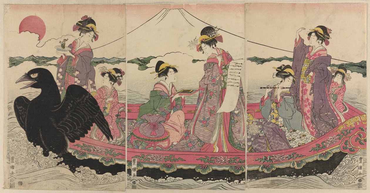 Mulheres em um barco no Ano Novo imitando os Sete Deuses da Boa Fortuna de Utagawa Toyokuni I