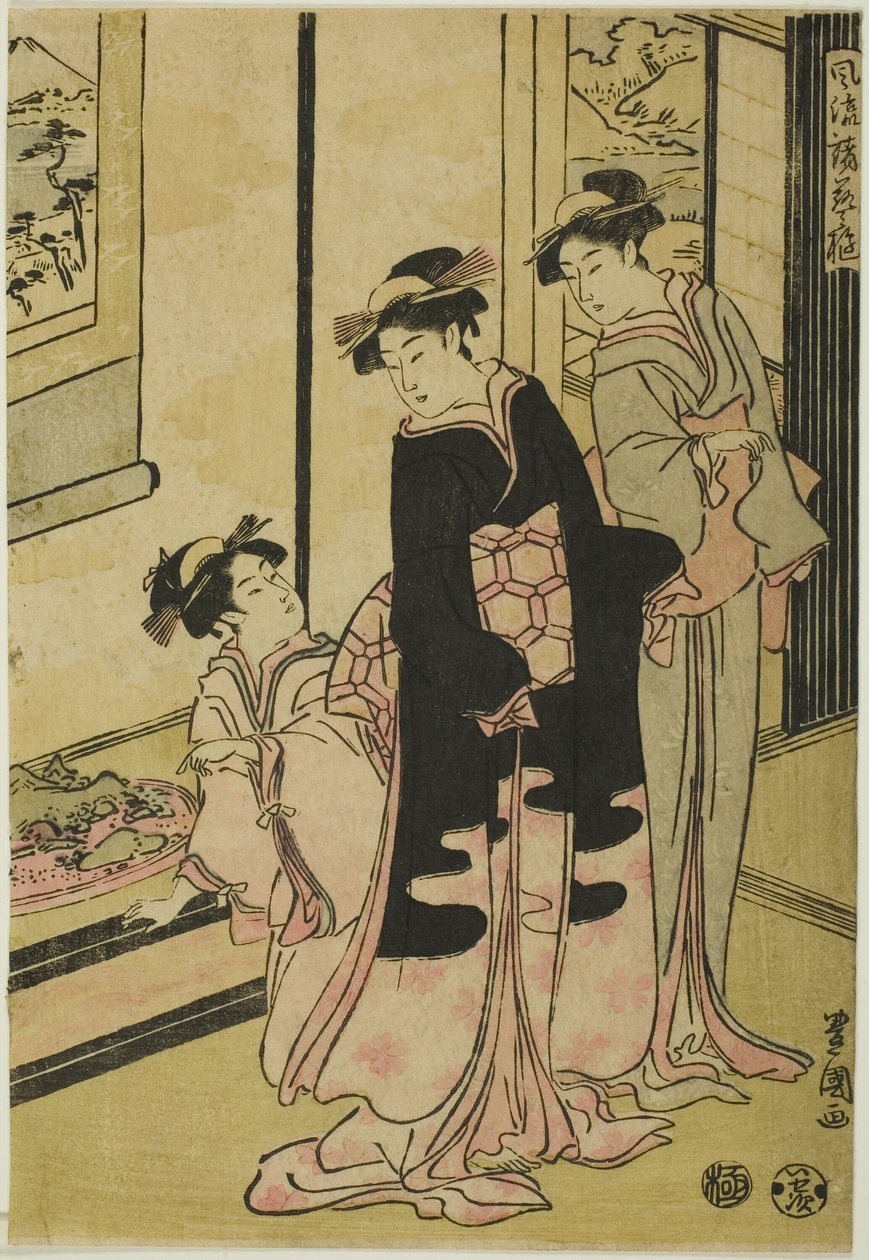 Mulheres vendo paisagem em miniatura, da série "Furyu moro hanami uwari" de Utagawa Toyokuni I