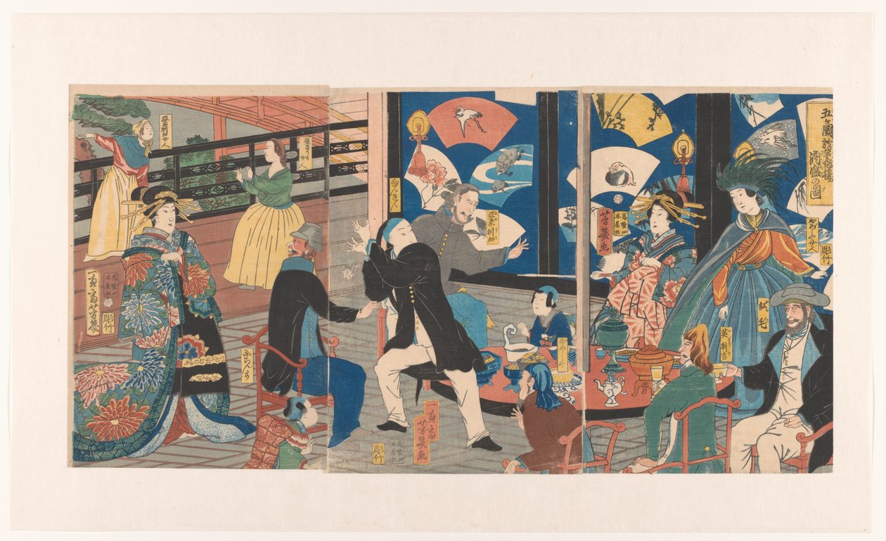 Estrangeiros durante uma festa de bebida na casa de chá Gankiro
Gokakoku Gankiro ni oite sakamori no zu (título sobre o objecto)
Estrangeiros dos Cinco Países durante uma festa de bebida na casa de chá Gankiro de Utagawa Yoshiiku