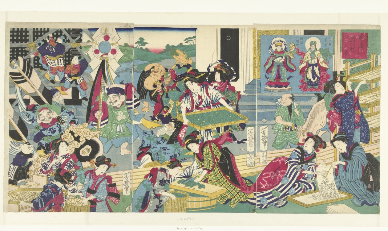 Os sete deuses sortudos na criação de bichos-da-seda de Utagawa Yoshiiku