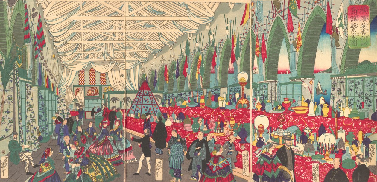 “O florescimento de uma firma comercial inglesa em Yokohama”, 9º mês, 1870. de Utagawa Yoshiiku