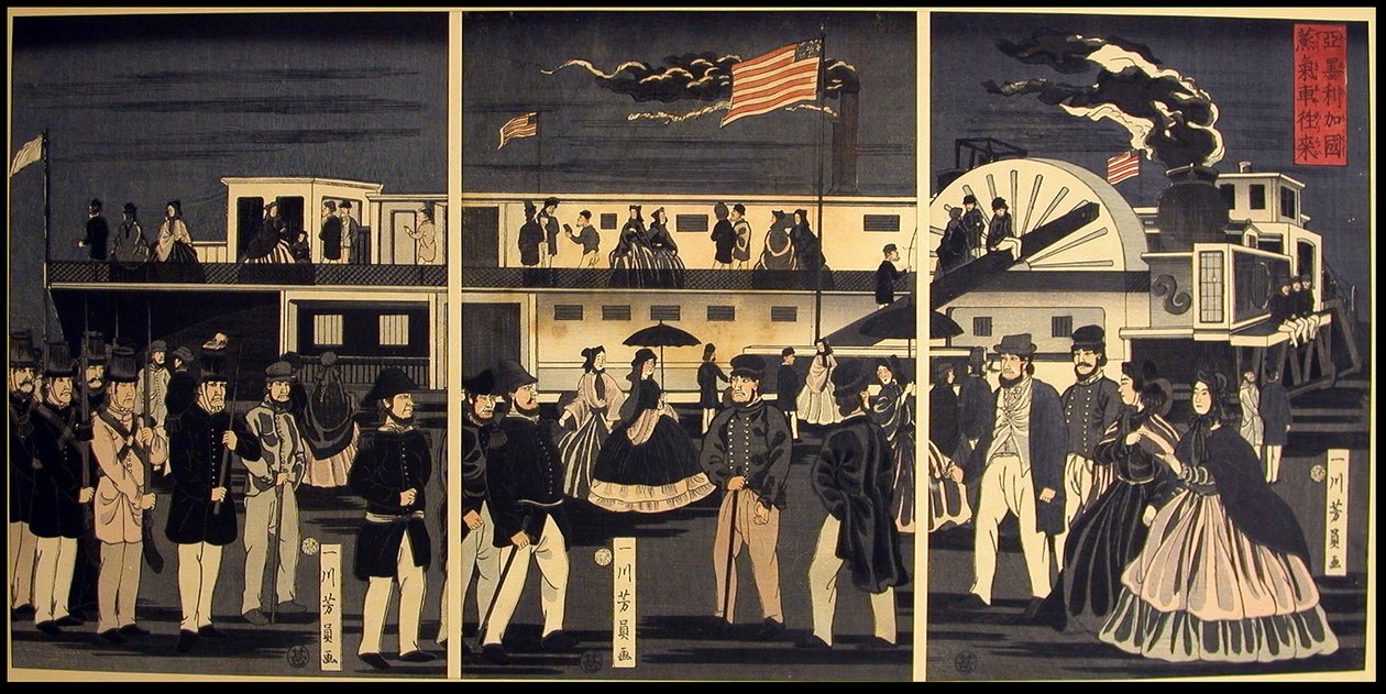 Viagem de trem a vapor americano de Utagawa Yoshikazu