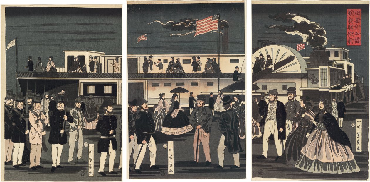 Chegada e partida de um navio a vapor americano (Amerikakoku jokisha orai) de Utagawa Yoshikazu