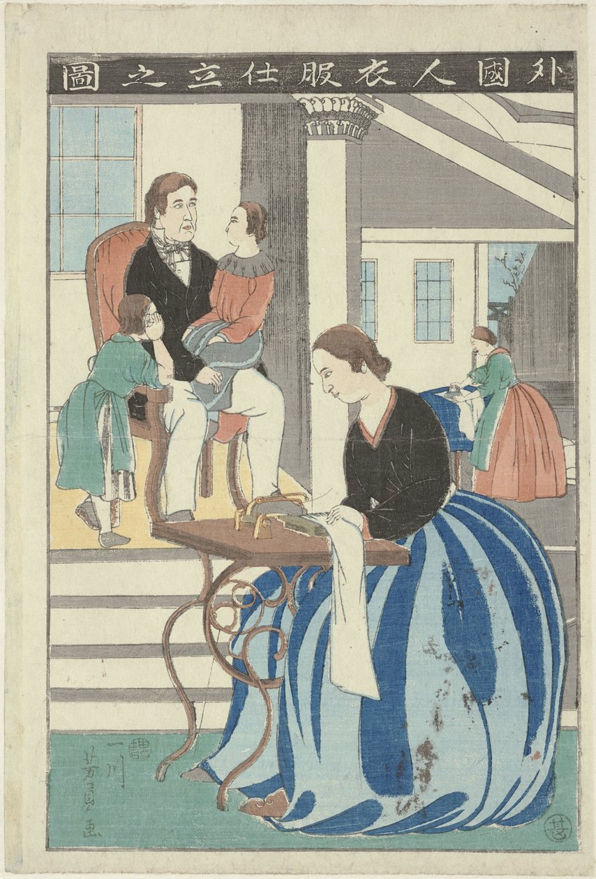 Mulher ocidental atrás de uma máquina de costura
Gaikokujin ifuku shitate no zu (título sobre o objecto)
Imagem de um estrangeiro a fazer roupa de Utagawa Yoshikazu