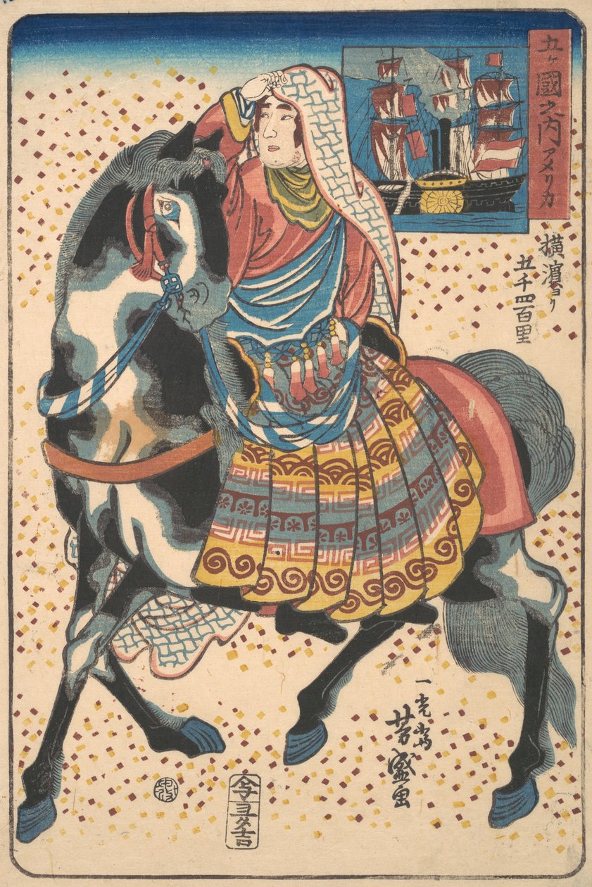 Mulher americana montada, 12º mês, 1860. de Utagawa Yoshimori
