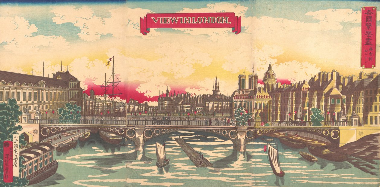 Vista em Londres, a Prosperidade dos Países: Londres, Inglaterra, setembro de 1872.. de Utagawa Yoshimori