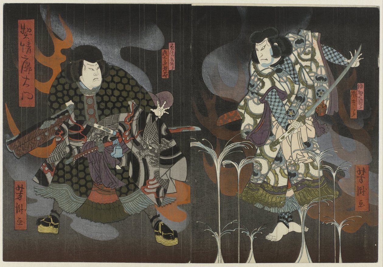 Dois actores entre as chamas e o fumo de Utagawa Yoshitaki