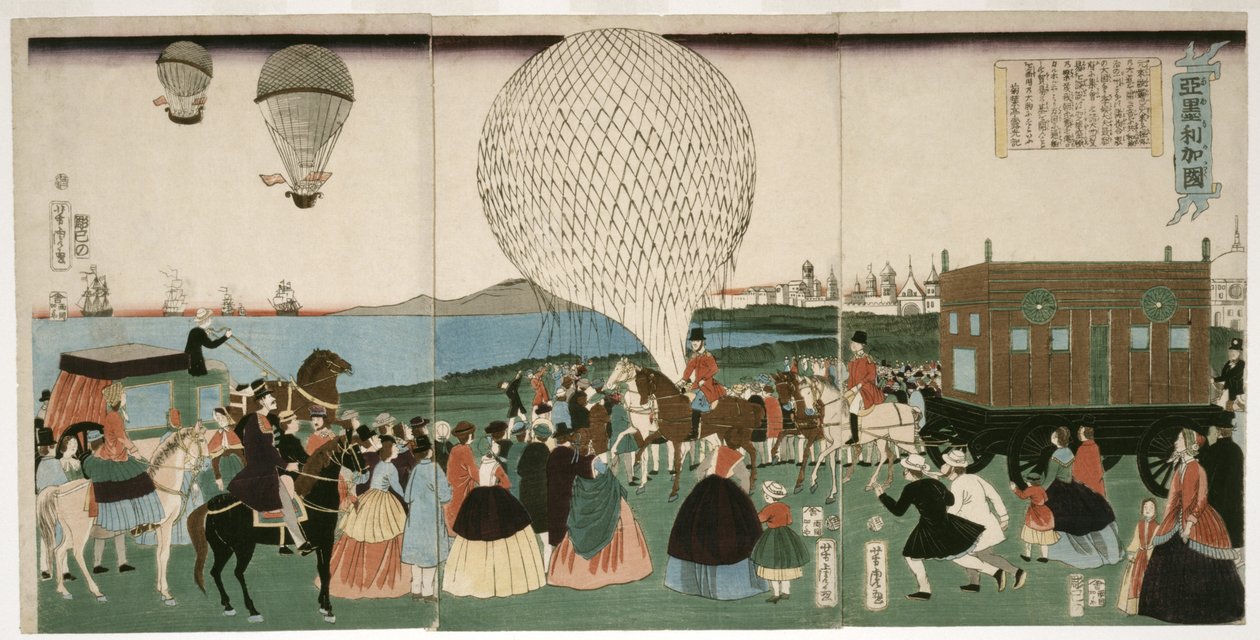 Balonismo na América, pub. 1865 (xilogravura de cor manual) de Utagawa Yoshitora