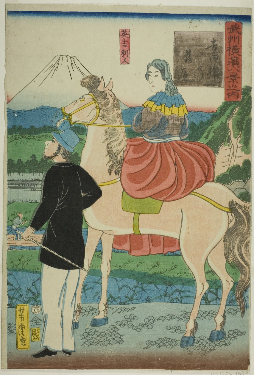 Inglês Observando Gansos Descendentes na Ponte Yoshida (Yoshida-bashi no rakugan, Igirisujin) , da série "Eight Views of Yokohama in Musashino Province (Bushu Yokohama hakkei no uchi)" de Utagawa Yoshitora