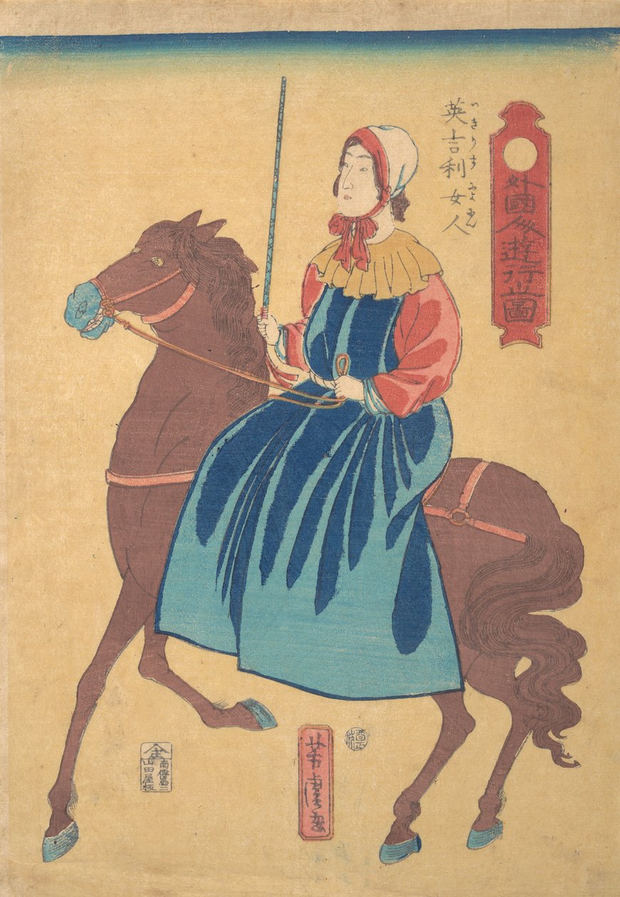 Mulher inglesa a cavalo, 1º mês, 1861. de Utagawa Yoshitora