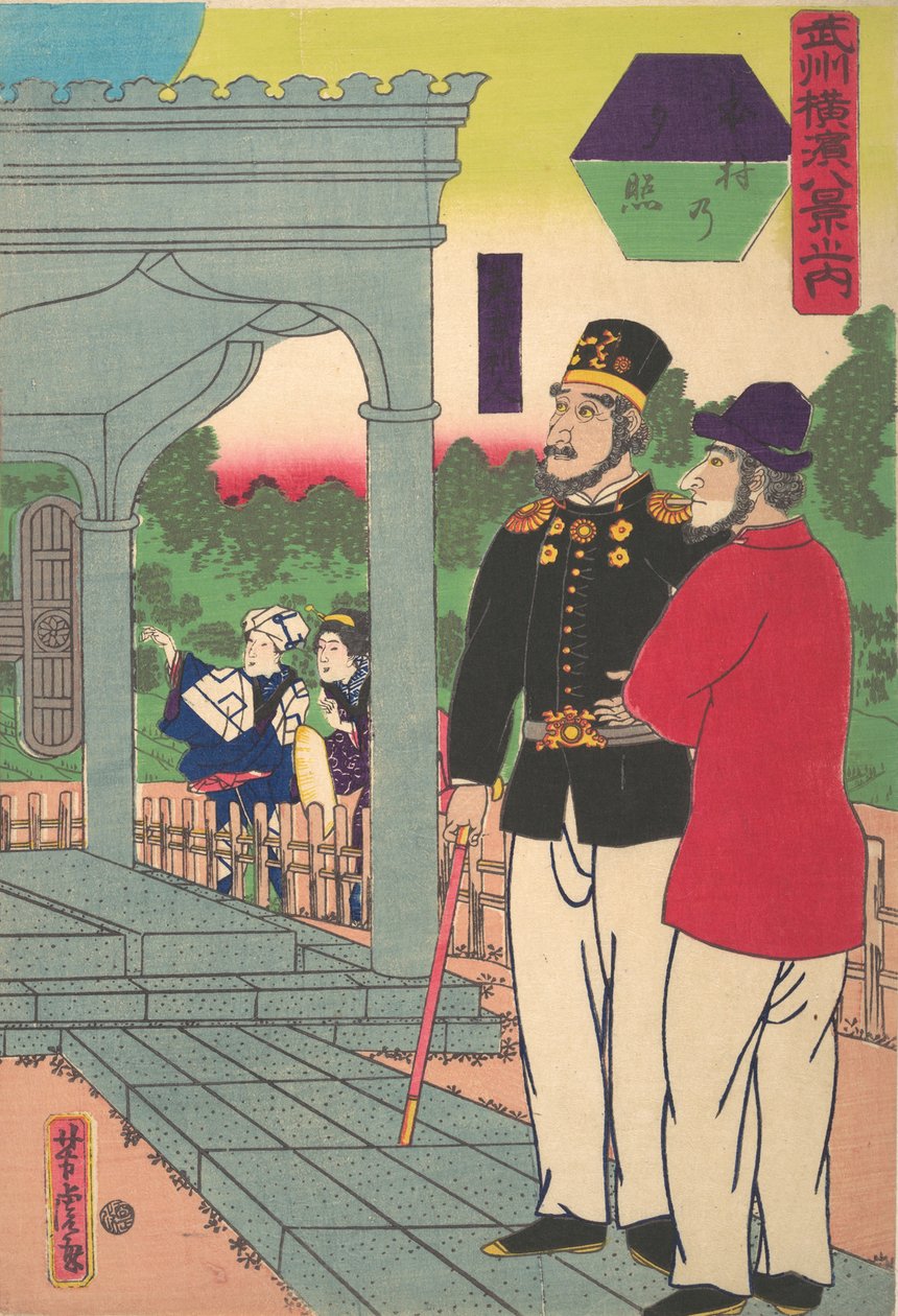 Evening Glow at Motomura [Dois ingleses olhando o pôr do sol], 1º mês, 1861. de Utagawa Yoshitora