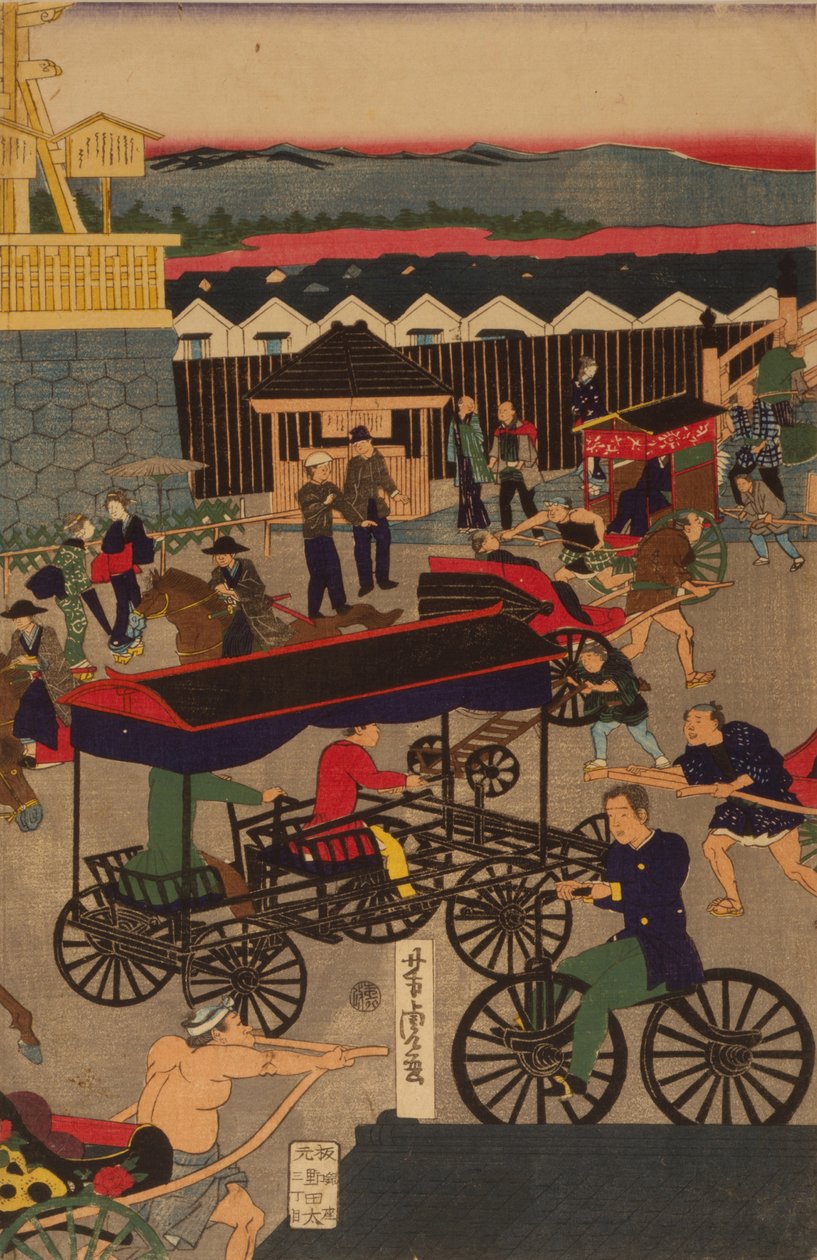 Seção de Nihonbashi florescente de Tóquio Nihonbashi de Tóquio han ei no zu Triptych de Utagawa Yoshitora