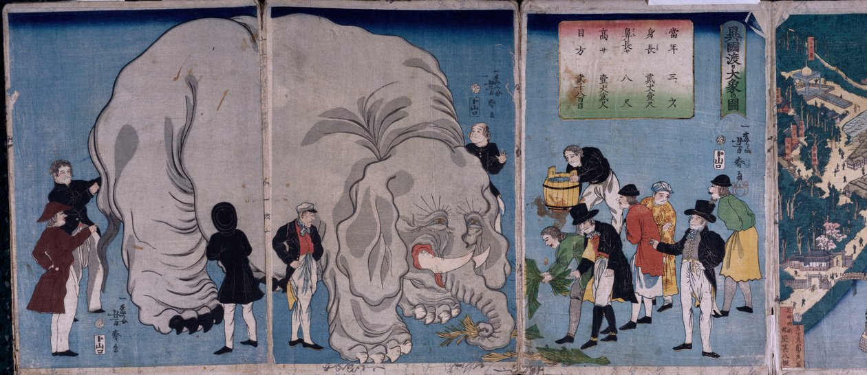 Estrangeiros com um Elefante (impressão em bloco de madeira a cores) de Utagawa Yoshitora