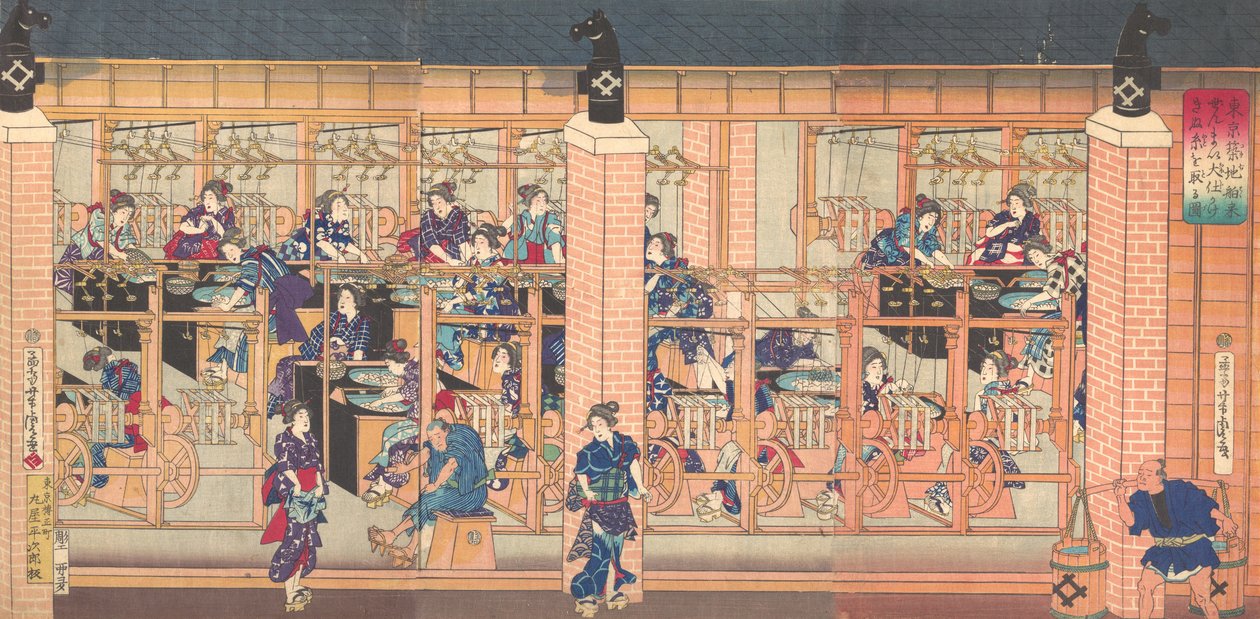 Máquina de bobina de seda importada em Tsukiji em Tóquio, 4º mês, 1872. de Utagawa Yoshitora